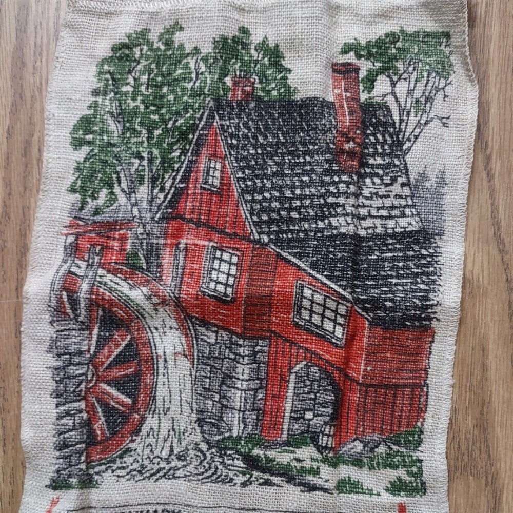 Vintage 1969 Linen Calendar Tea Towel Red Barn Watermill Rustic Kitchen Decor